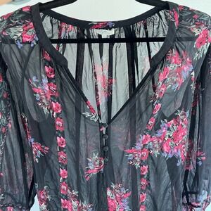 Joie Blouse Womens XS Black Pink Floral Silk Button Front Boho Sheer Peasant Top